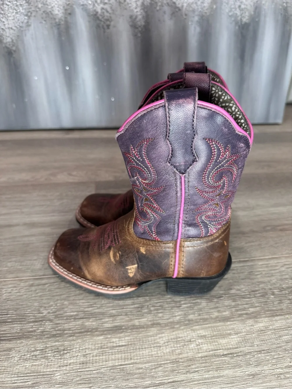 Childrens Pink-Trim Brown Patterned Western Boots